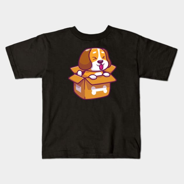 Cute dog playing in box Kids T-Shirt by Catalyst Labs